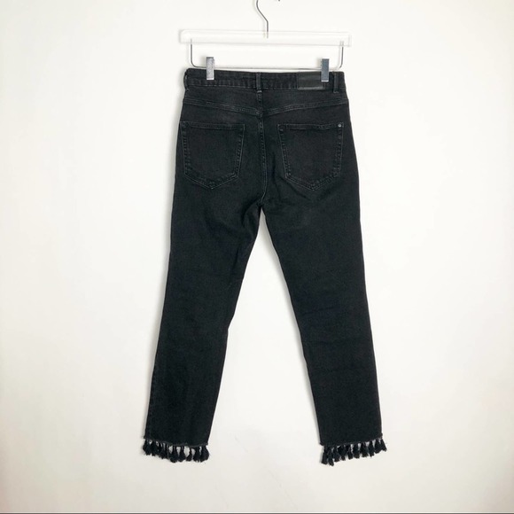 Zara High Waisted Tapered Leg Tassel Hem Jeans Faded Black Size 4 - Picture 4 of 7